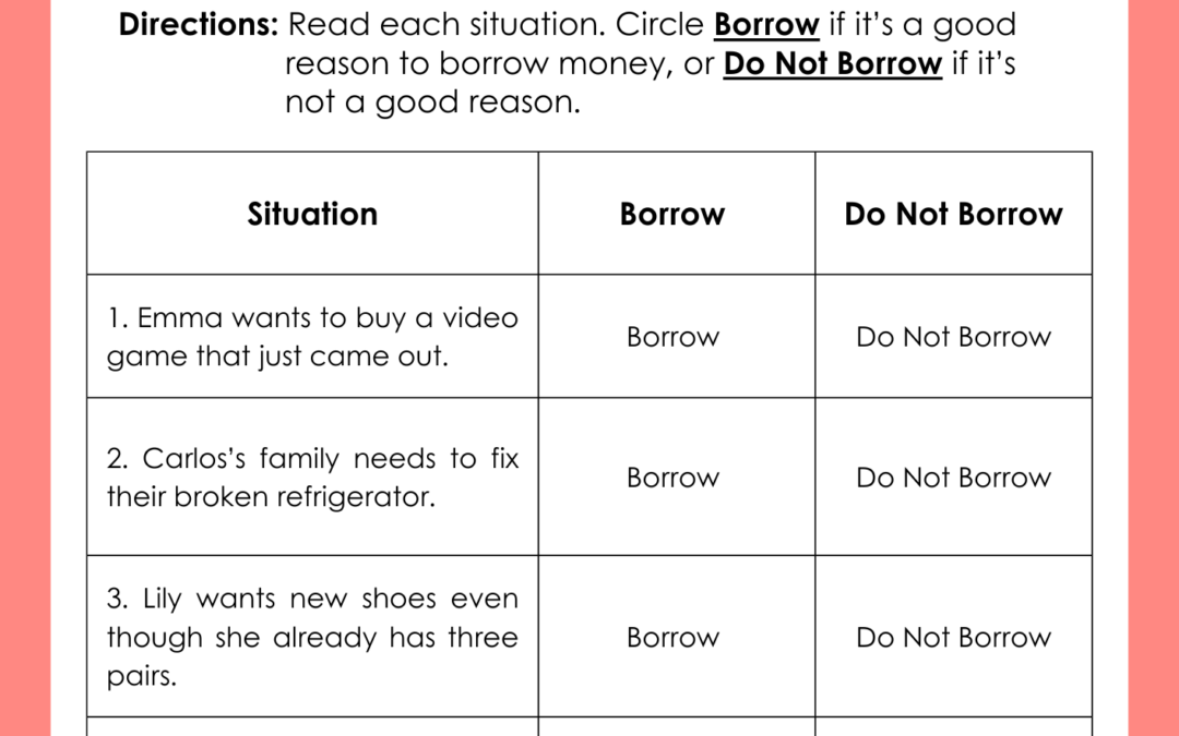 What is Borrowing 5th Grade Financial Literacy Worksheet