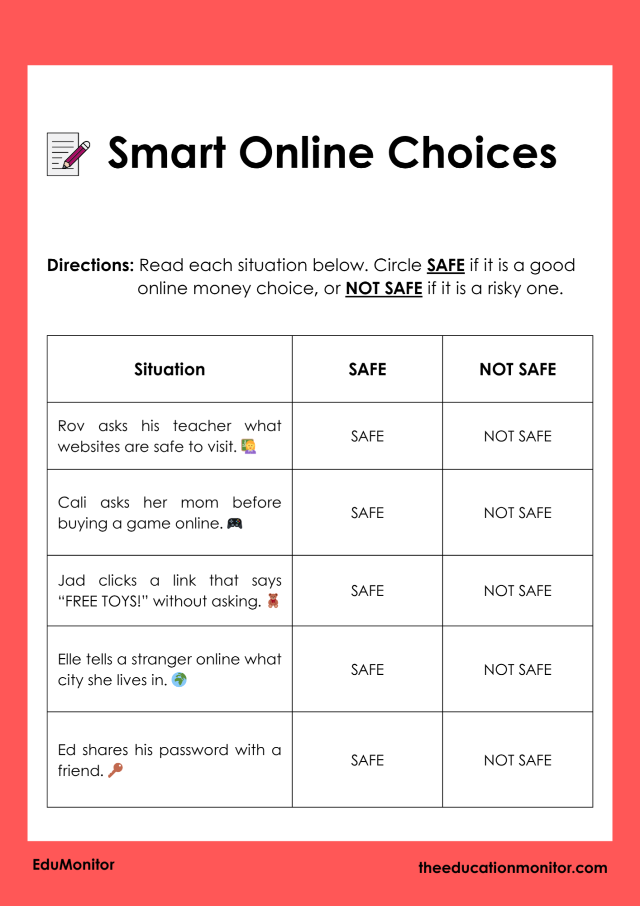 Being Safe Online with Money 2nd Grade Financial Literacy Worksheet ...