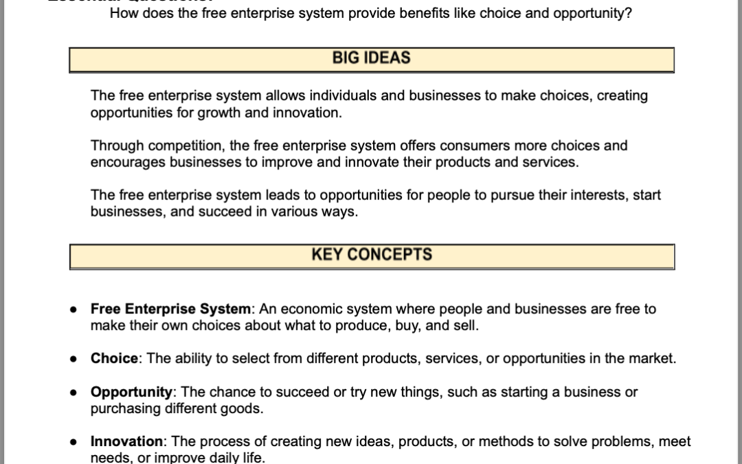 Benefits of the Free Enterprise System 4th Grade Social Studies Packet