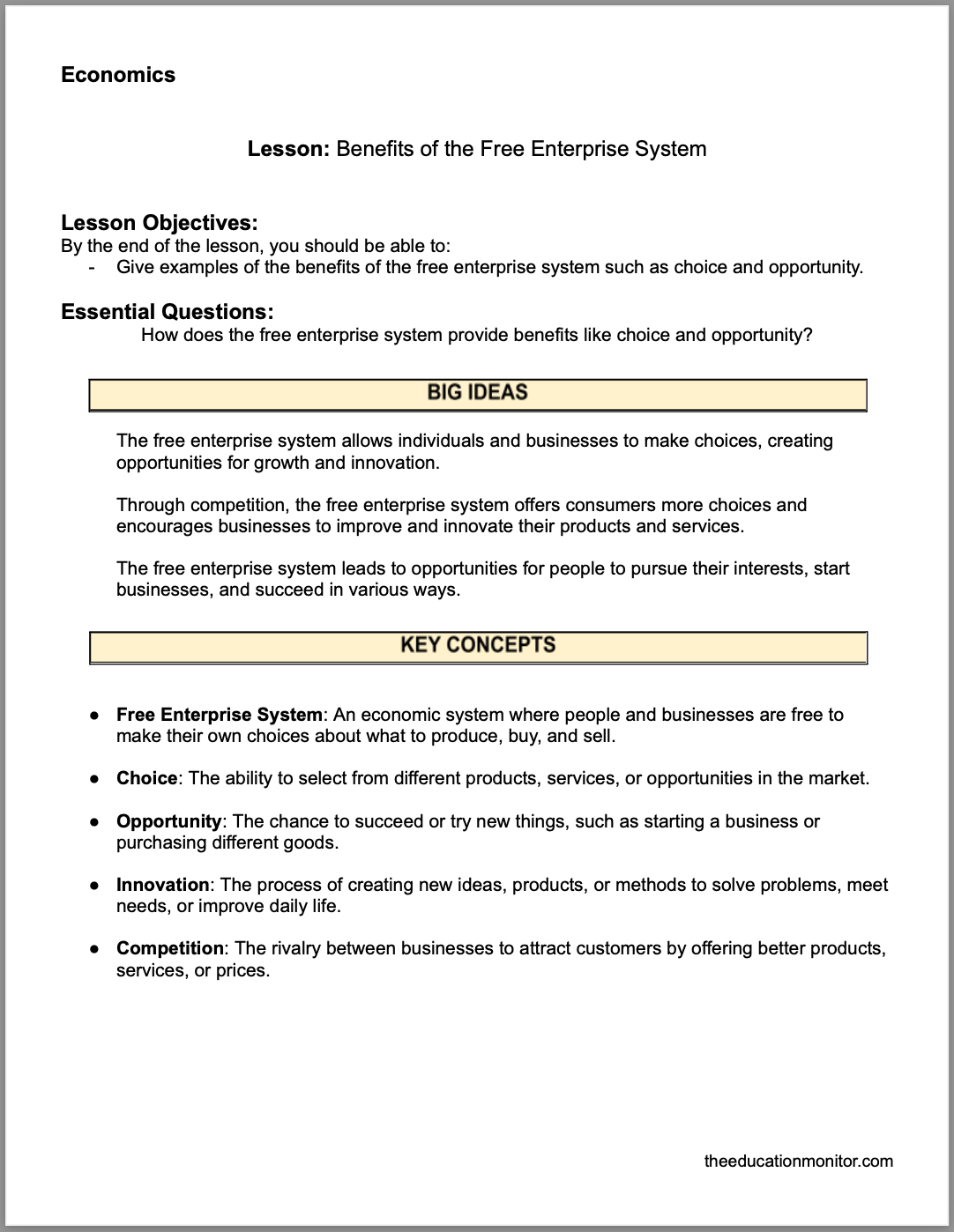 Benefits of the Free Enterprise System Benefits of the Free Enterprise System 4th Grade Social Studies Packet