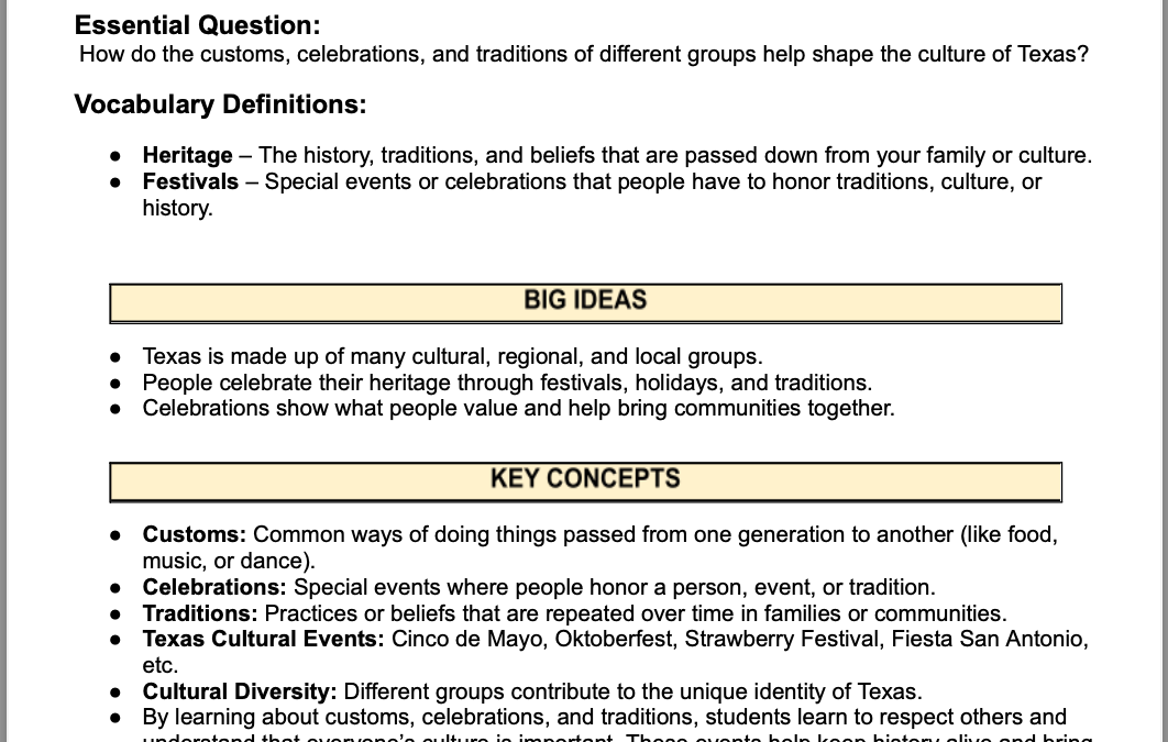Celebrating Texas: Exploring Traditions, Customs, and Festivals in Our Communities 4th Grade Social Studies Packet