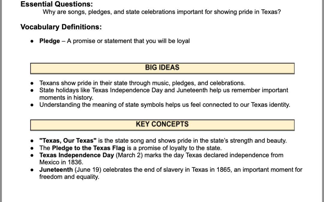 Celebrating Texas: Songs, Pledges, and Special State Days 4th Grade Social Studies Packet