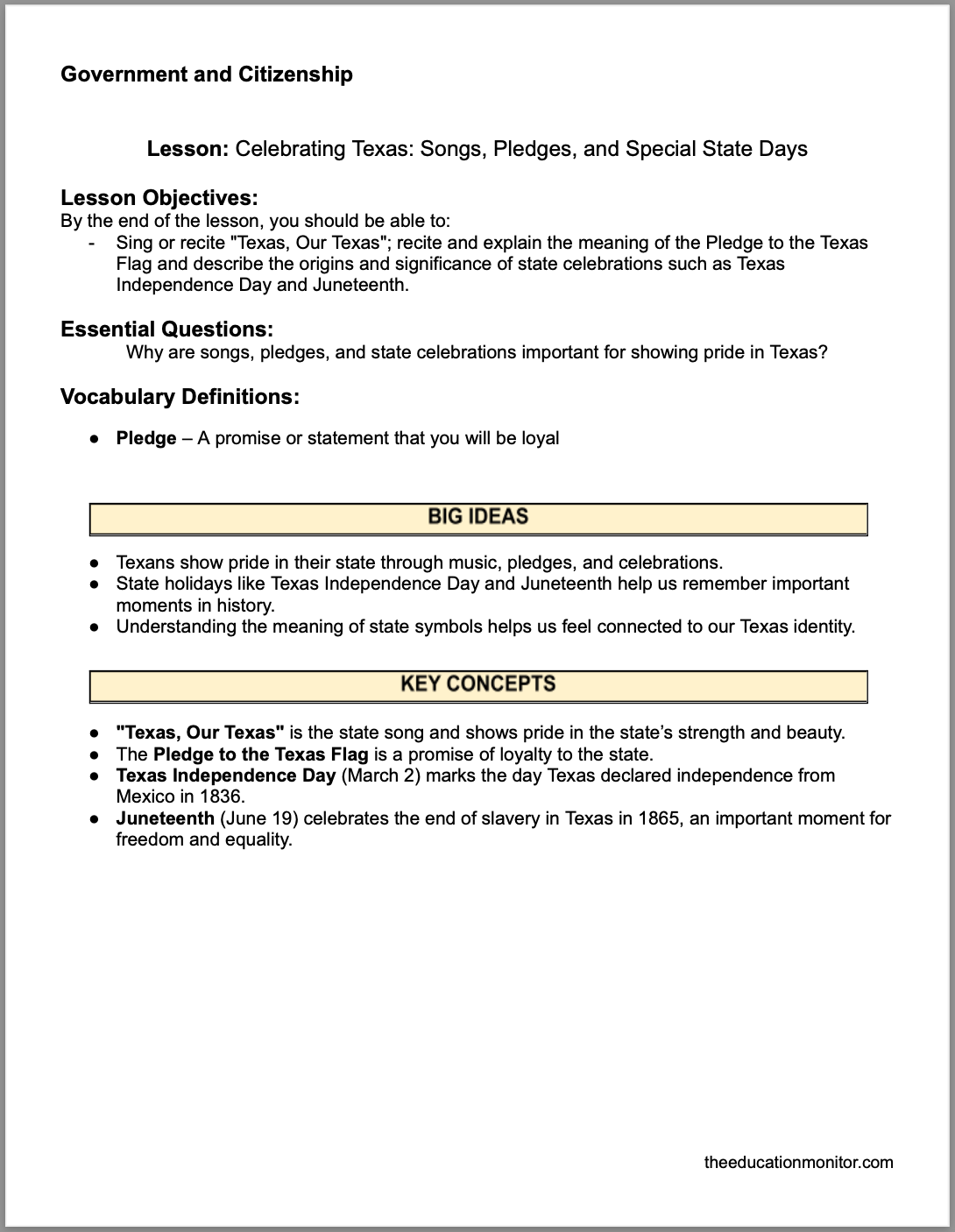 Celebrating Texas_ Songs, Pledges, and Special State Days Celebrating Texas: Songs, Pledges, and Special State Days 4th Grade Social Studies Packet