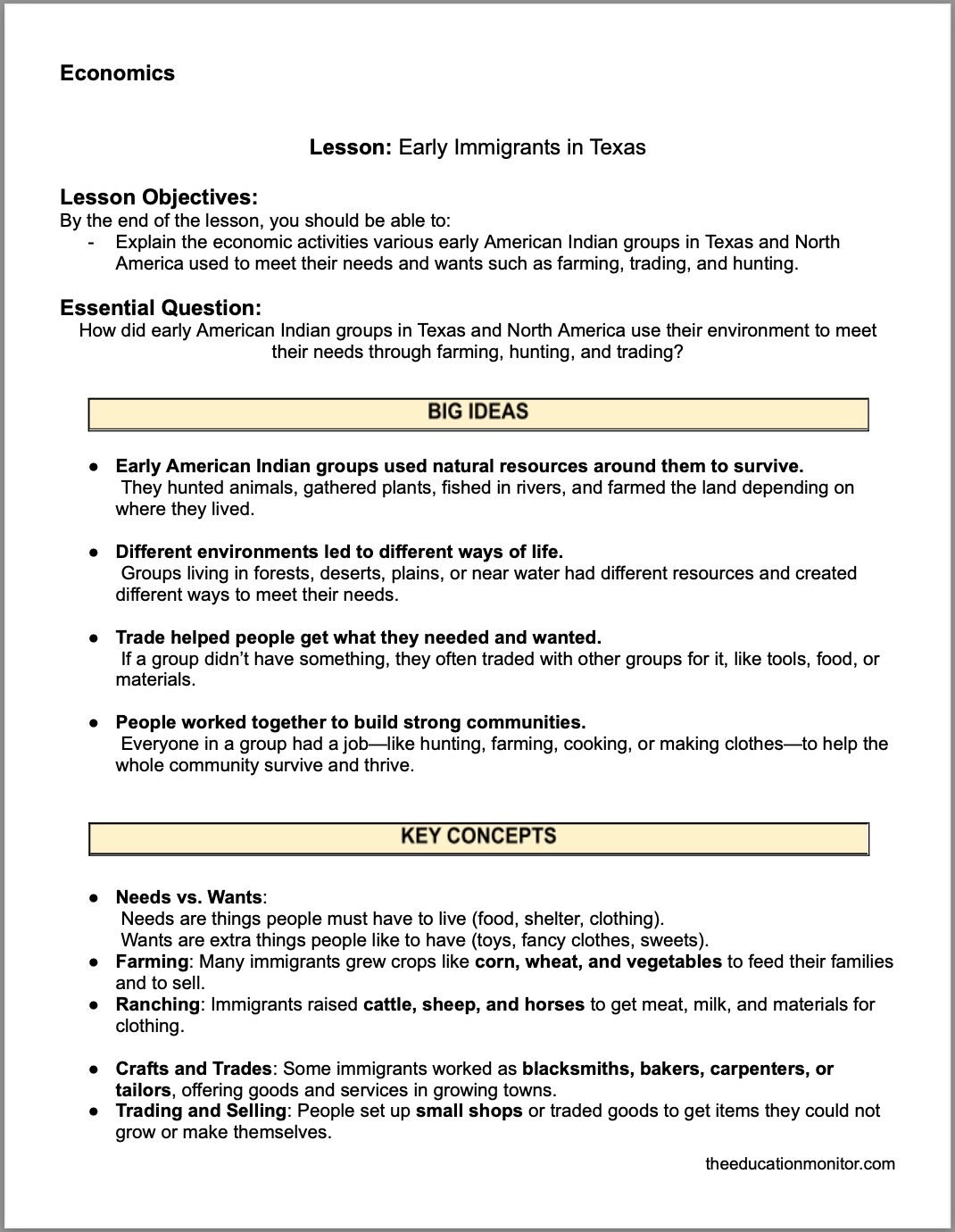 Screenshot Early Immigrants in Texas 4th Grade Social Studies Packet