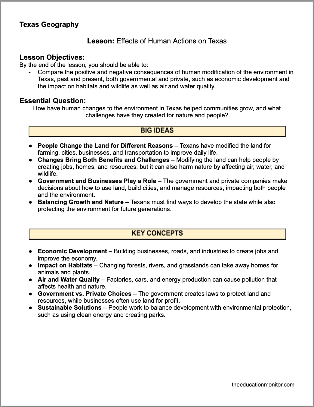 Effects of Human Actions on Texas Effects of Human Actions on Texas 4th Grade Social Studies Packet