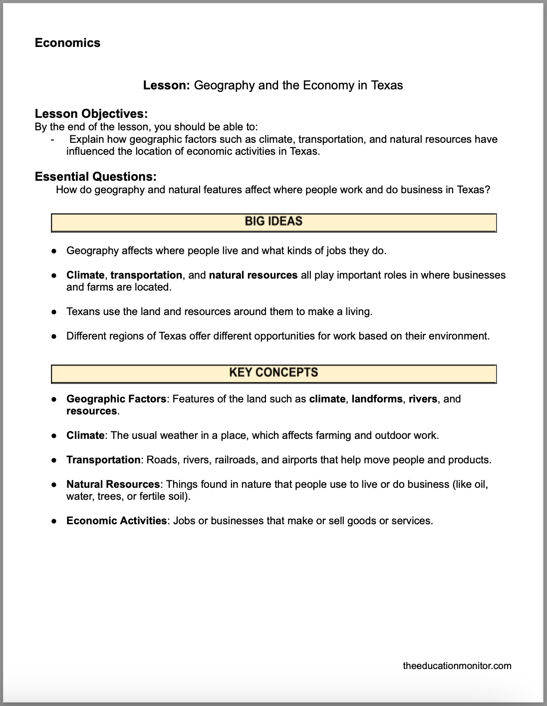 Geography and the Economy in Texas 4th Grade Social Studies Packet