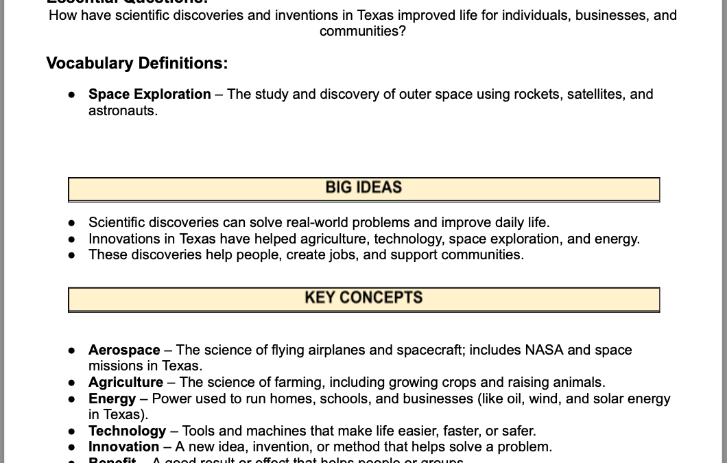 How Science and Innovation Helped Texas Grow 4th Grade Social Studies Packet