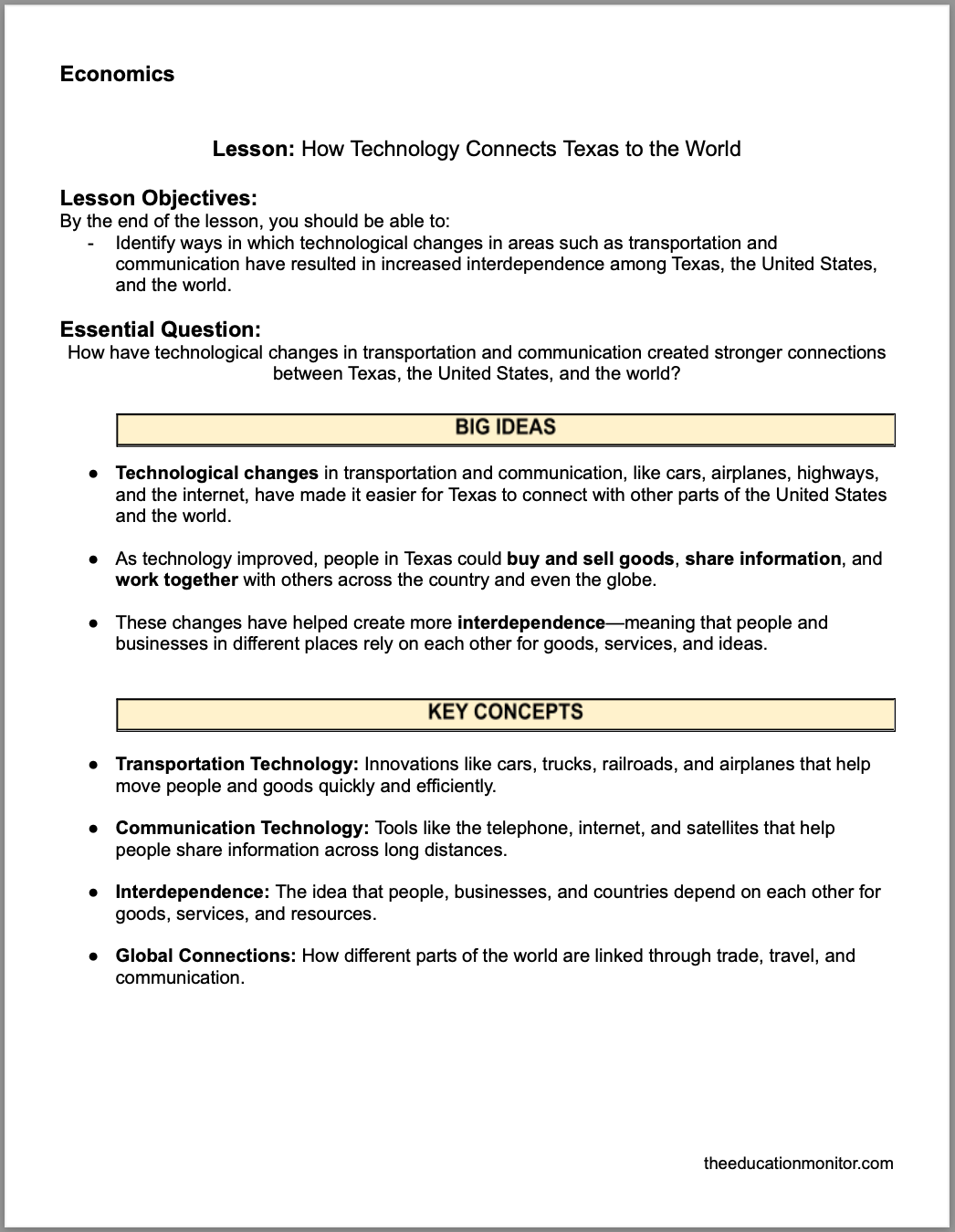 How Technology Connects Texas to the World How Technology Connects Texas to the World 4th Grade Social Studies Packet