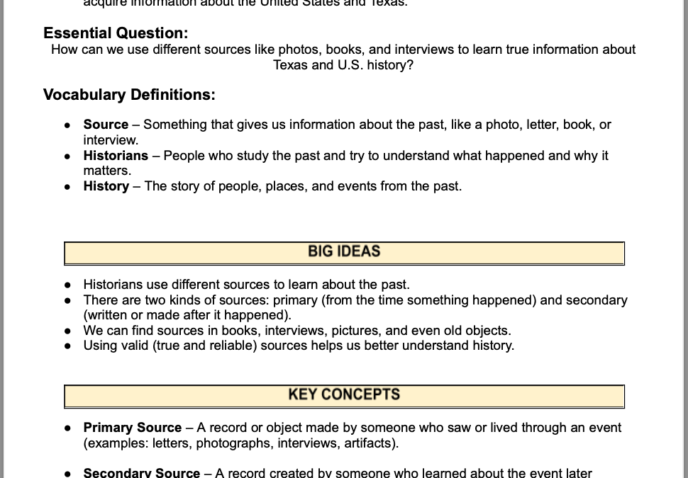 Learning About the Past: Using Primary and Secondary Sources 4th Grade Social Studies Packet