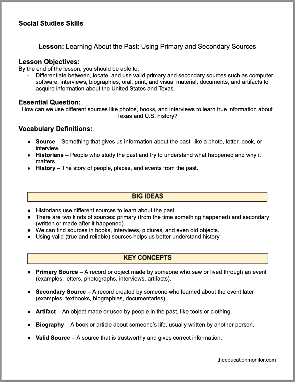 Learning About the Past_ Using Primary and Secondary Sources Learning About the Past: Using Primary and Secondary Sources 4th Grade Social Studies Packet