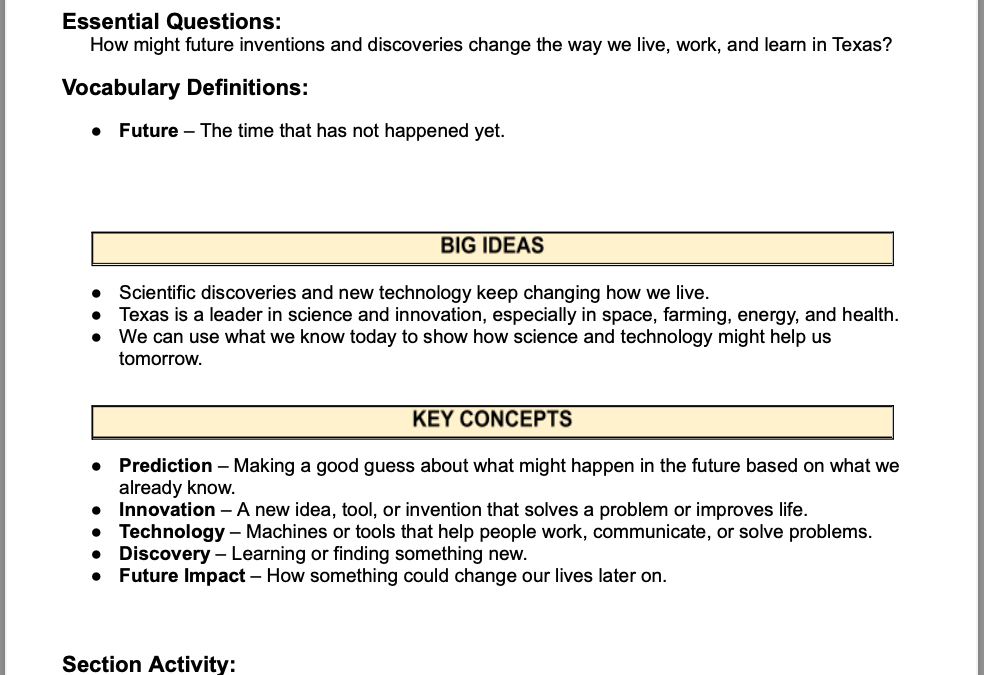 Looking Ahead: How Science and Technology Can Shape Texas 4th Grade Social Studies Packet