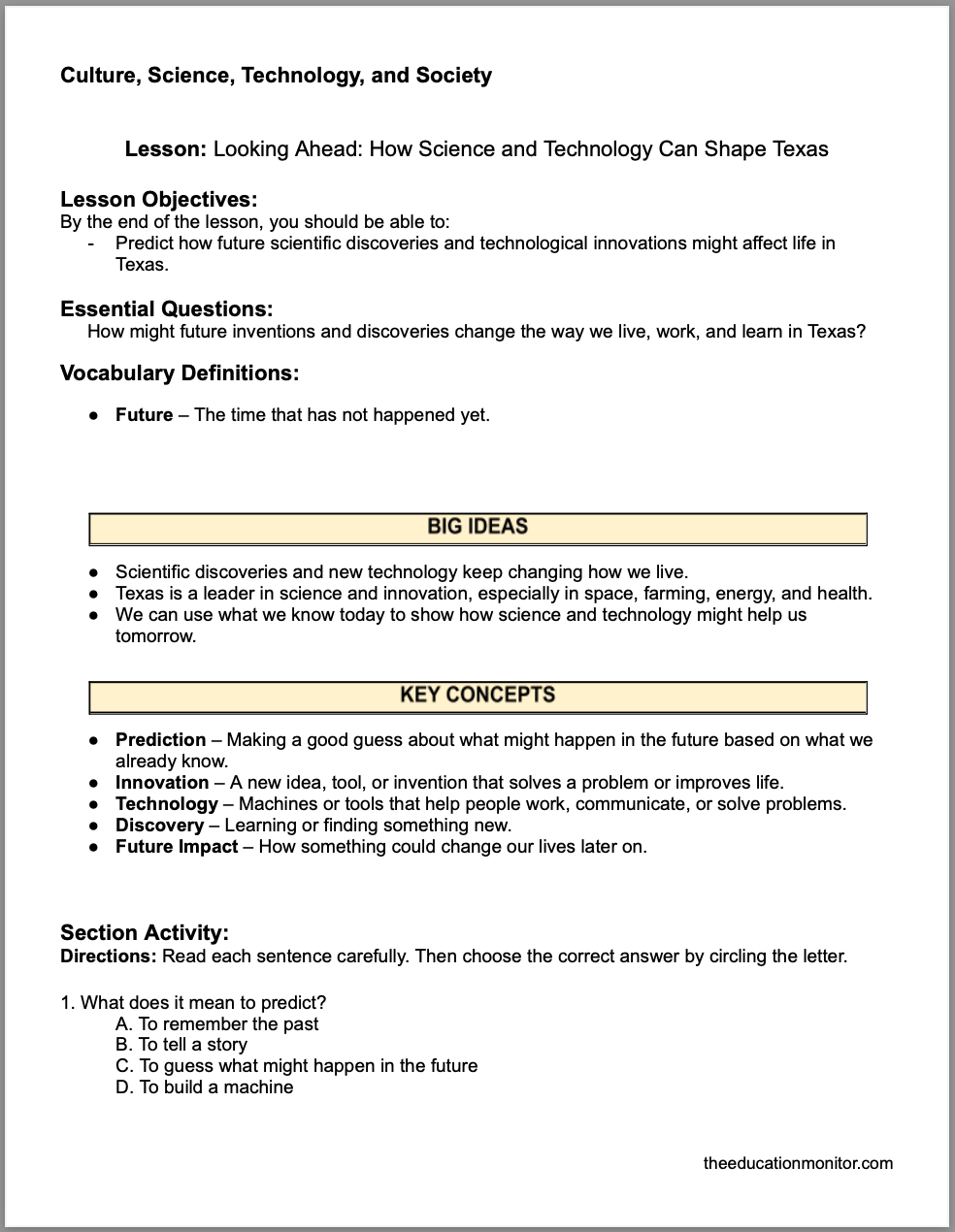 Looking Ahead_ How Science and Technology Can Shape Texas Looking Ahead: How Science and Technology Can Shape Texas 4th Grade Social Studies Packet