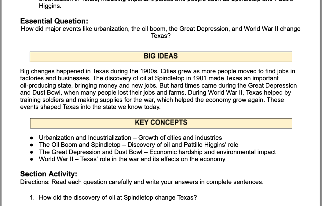 Major Events and Changes in 20th-Century Texas 4th Grade Social Studies Packet