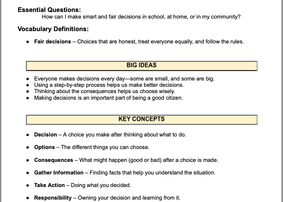 Making Good Choices: Learning How to Decide Wisely 4th Grade Social Studies Packet
