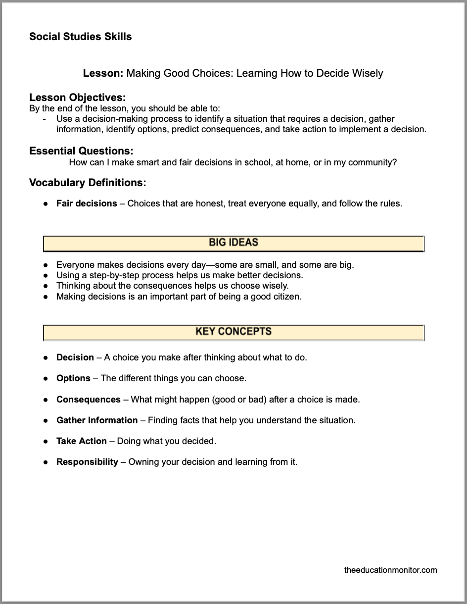 Making Good Choices_ Learning How to Decide Wisely Making Good Choices: Learning How to Decide Wisely 4th Grade Social Studies Packet