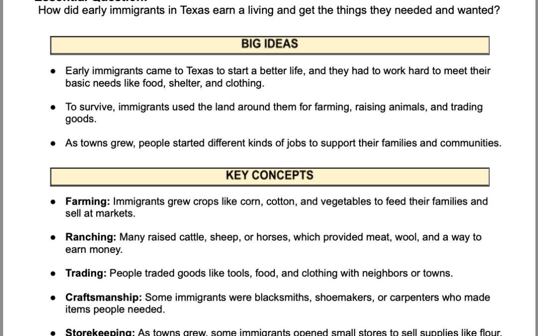 Making a Living in Early Texas – Needs and Wants 4th Grade Social Studies Packet