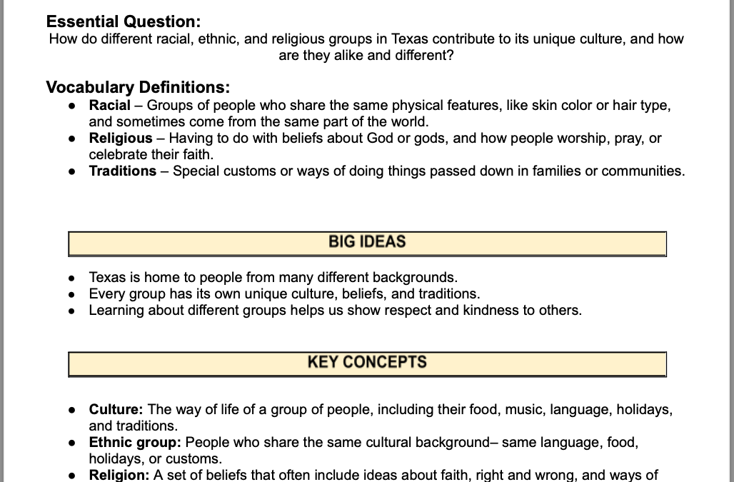 Many Cultures, One Texas: Exploring Differences and Similarities 4th Grade Social Studies Packet