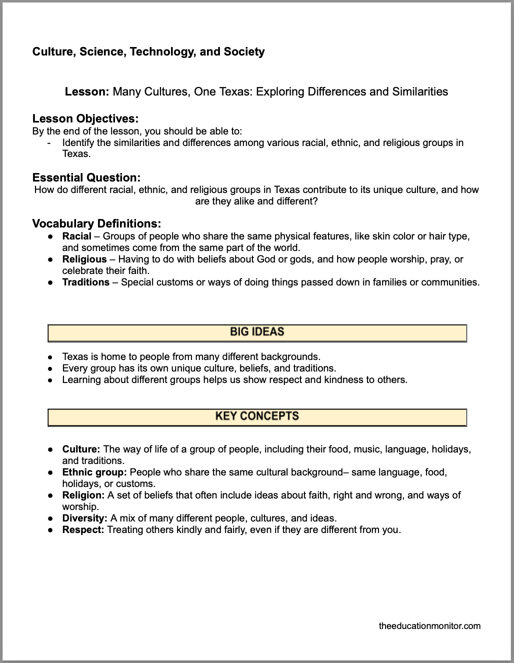 Many Cultures, One Texas_ Exploring Differences and Similarities Many Cultures, One Texas: Exploring Differences and Similarities 4th Grade Social Studies Packet