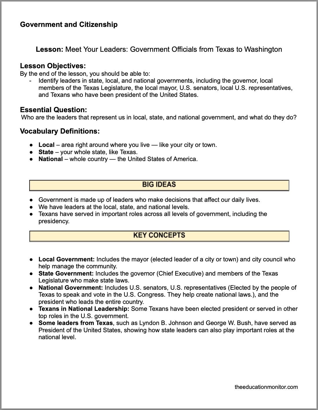Screenshot Meet Your Leaders: Government Officials from Texas to Washington 4th Grade Social Studies Packet