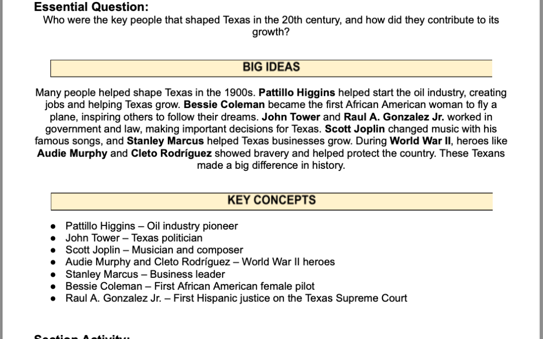 Notable Texans and Their Contributions 4th Grade Social Studies Packet