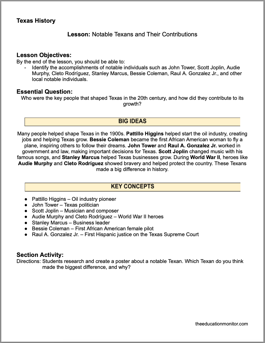 Notable Texans and Their Contributions Notable Texans and Their Contributions 4th Grade Social Studies Packet