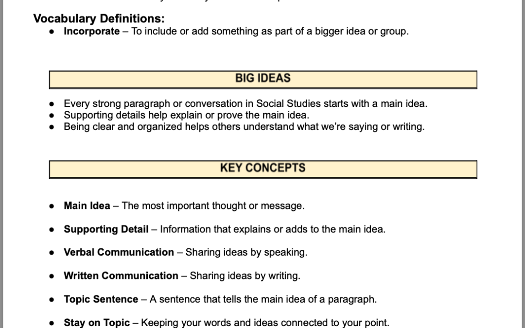 Sharing Important Ideas: Talking and Writing About Social Studies 4th Grade Social Studies Packet