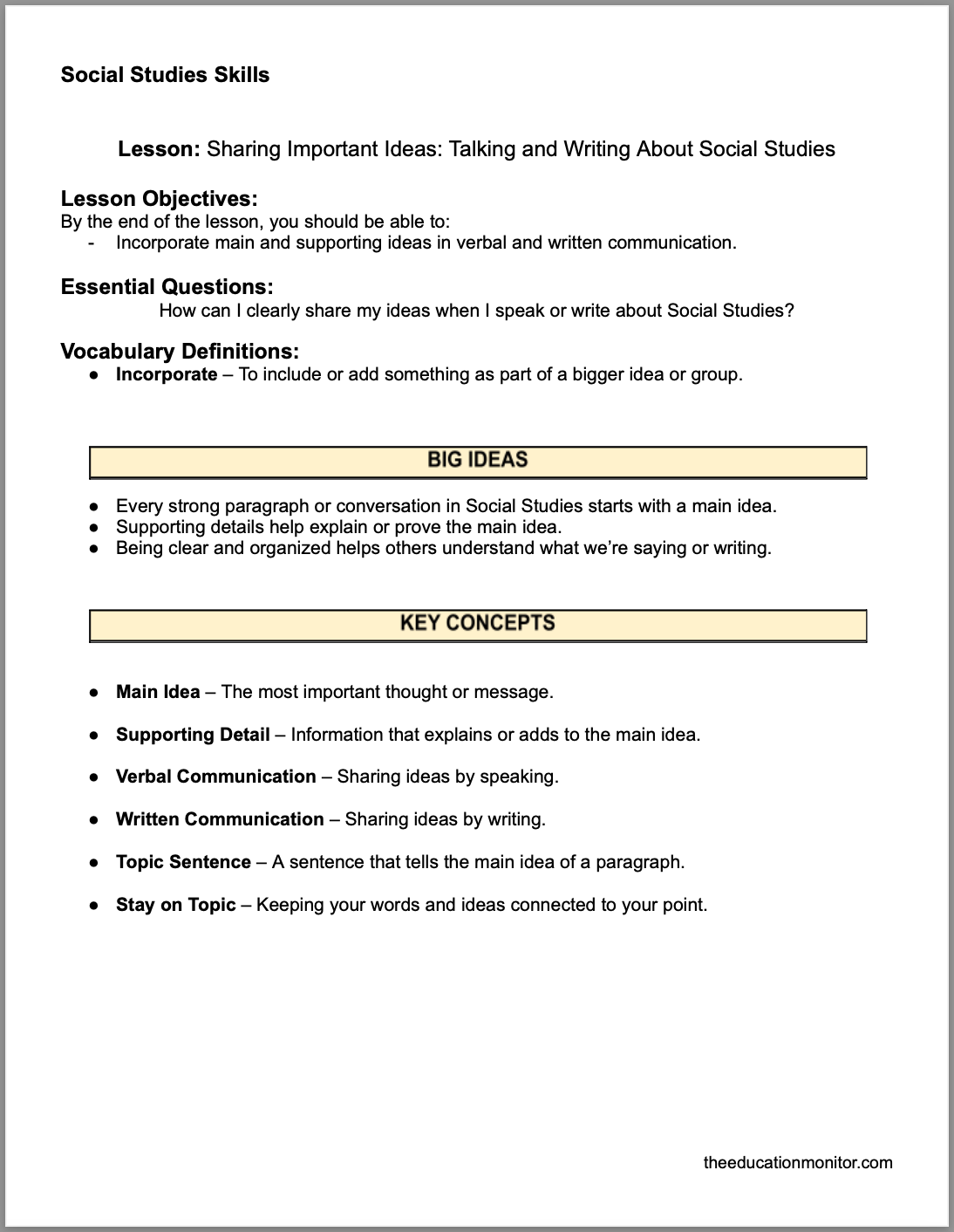 Sharing Important Ideas_ Talking and Writing About Social Studies Sharing Important Ideas: Talking and Writing About Social Studies 4th Grade Social Studies Packet
