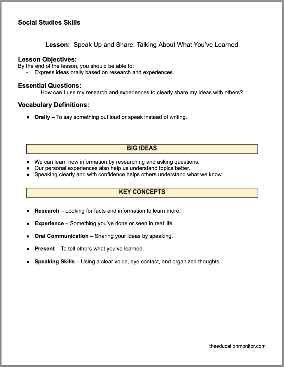 Speak Up and Share_ Talking About What You’ve Learned Speak Up and Share: Talking About What You’ve Learned 4th Grade Social Studies Packet