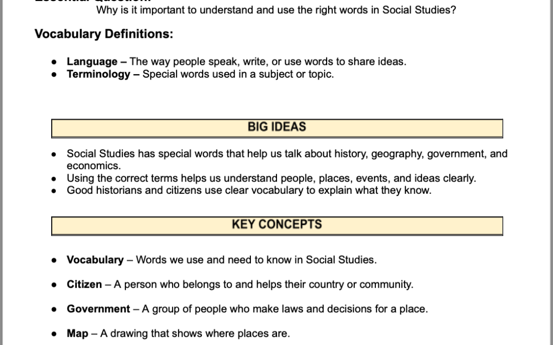 Speaking the Language of Social Studies: Learning Key Words About History and Communities 4th Grade Social Studies Packet