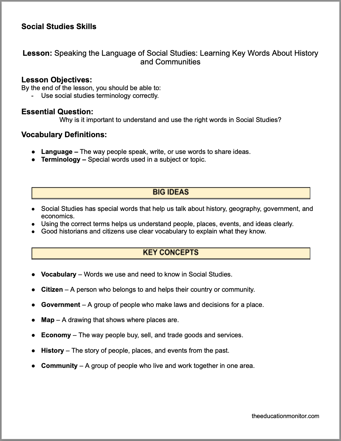 Speaking the Language of Social Studies: Learning Key Words About History and Communities 4th Grade Social Studies Packet