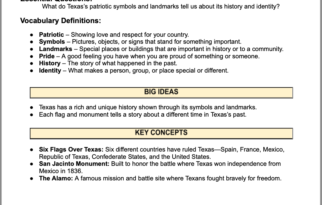 Symbols of Texas Pride: Discovering Our Historic Flags, Landmarks, and Monuments 4th Grade Social Studies Packet