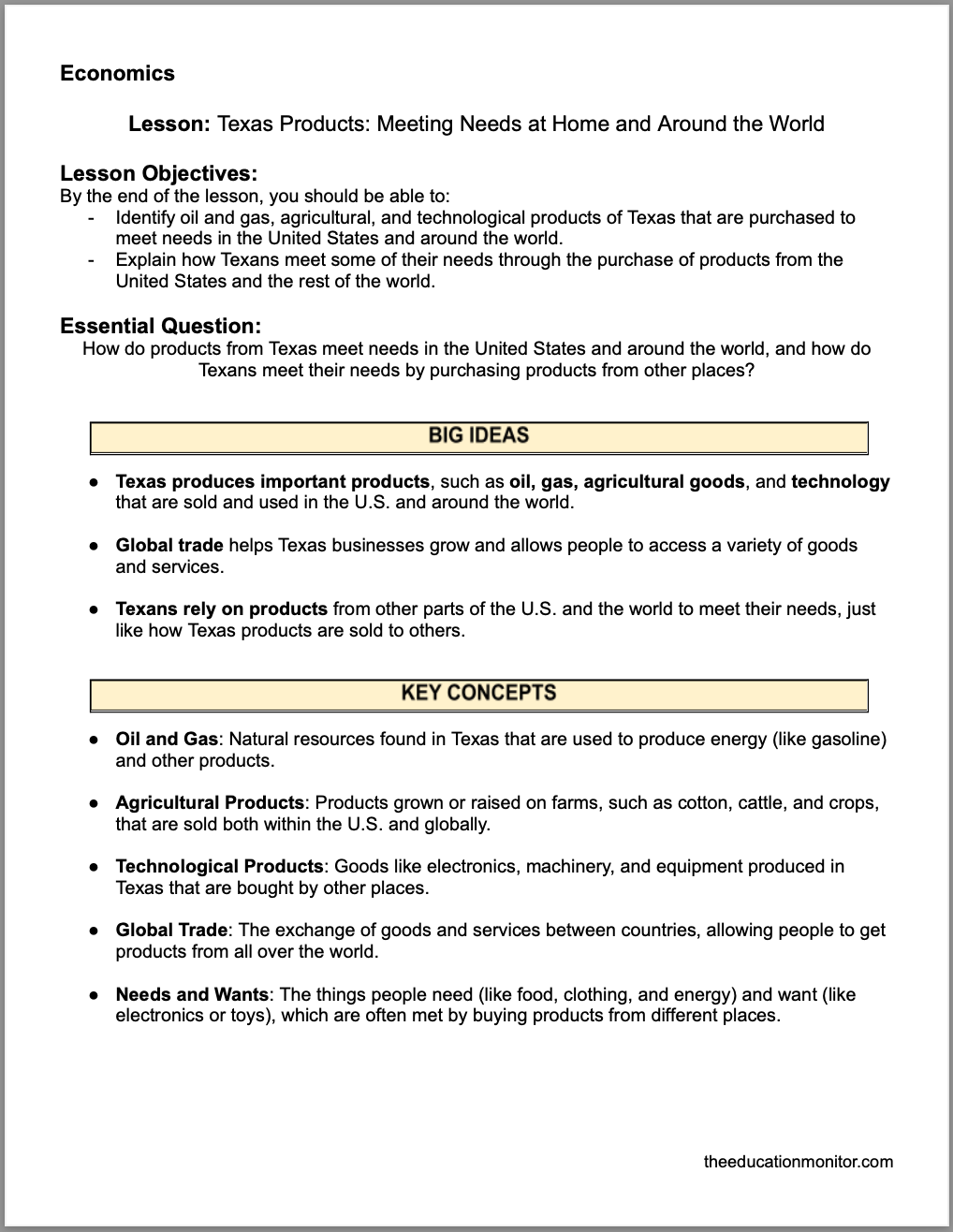 Texas Products_ Meeting Needs at Home and Around the World Texas Products: Meeting Needs at Home and Around the World 4th Grade Social Studies Packet