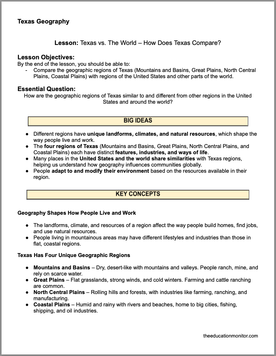 Texas vs. The World – How Does Texas Compare Texas vs. The World – How Does Texas Compare? 4th Grade Social Studies Packet