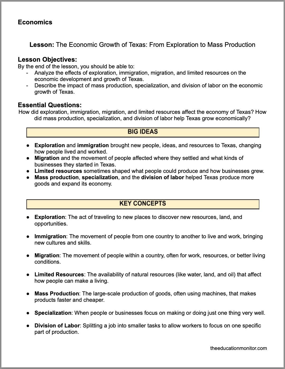 Screenshot The Economic Growth of Texas: From Exploration to Mass Production 4th Grade Social Studies Packet