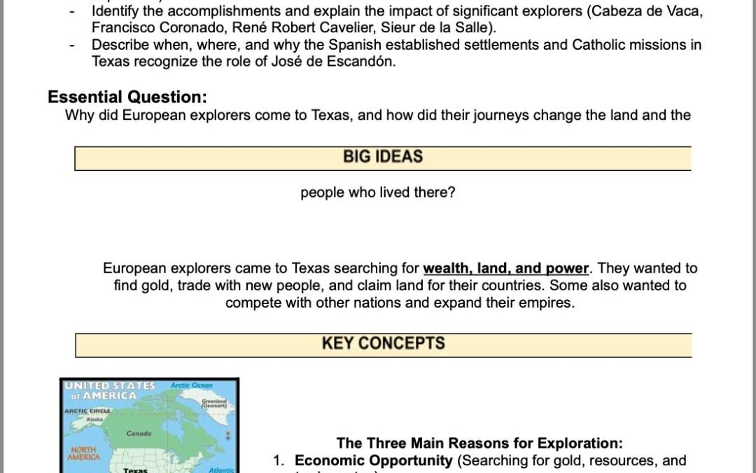 The Road to Texas: Why Did Explorers Come? 4th Grade Social Studies Packet