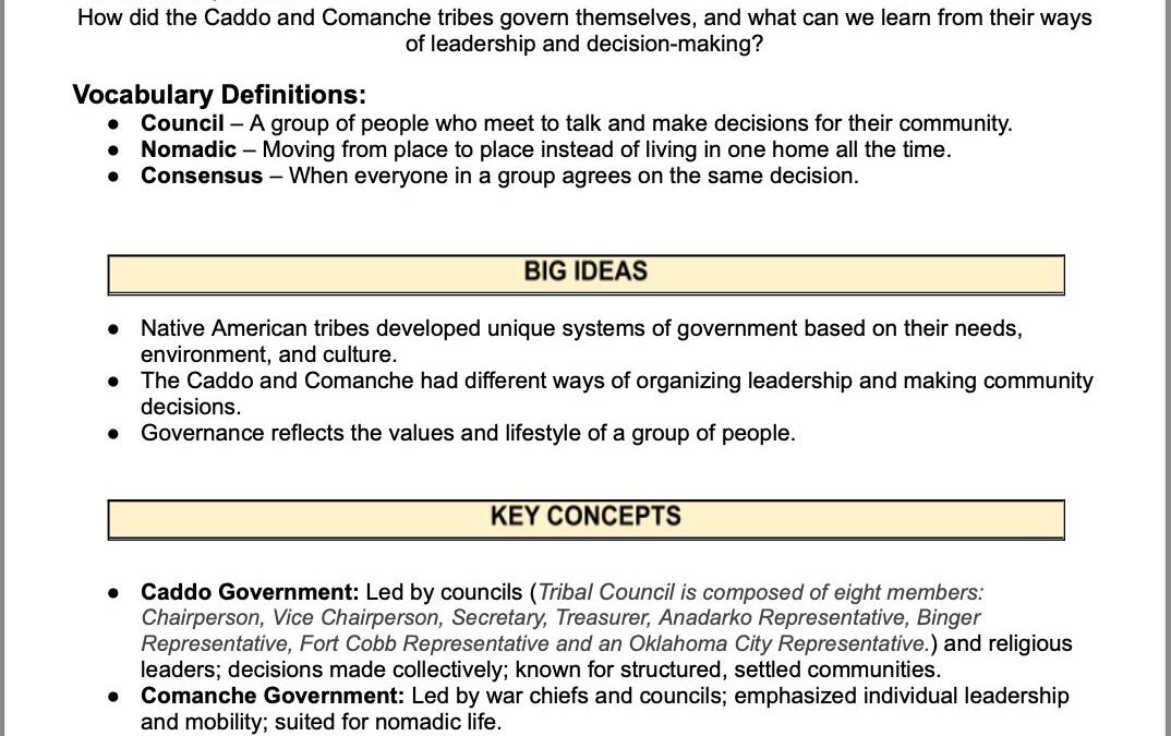 Tribal Traditions: Comparing How the Caddo and Comanche Were Governed 4th Grade Social Studies Packet