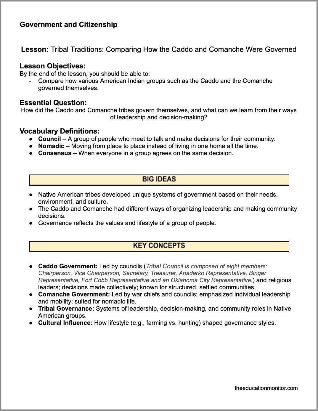 Screenshot Tribal Traditions: Comparing How the Caddo and Comanche Were Governed 4th Grade Social Studies Packet
