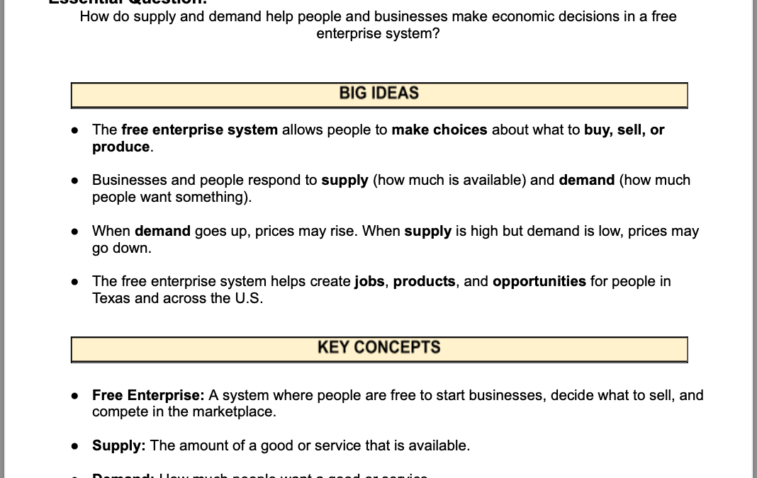 Understanding the Free Enterprise System 4th Grade Social Studies Packet