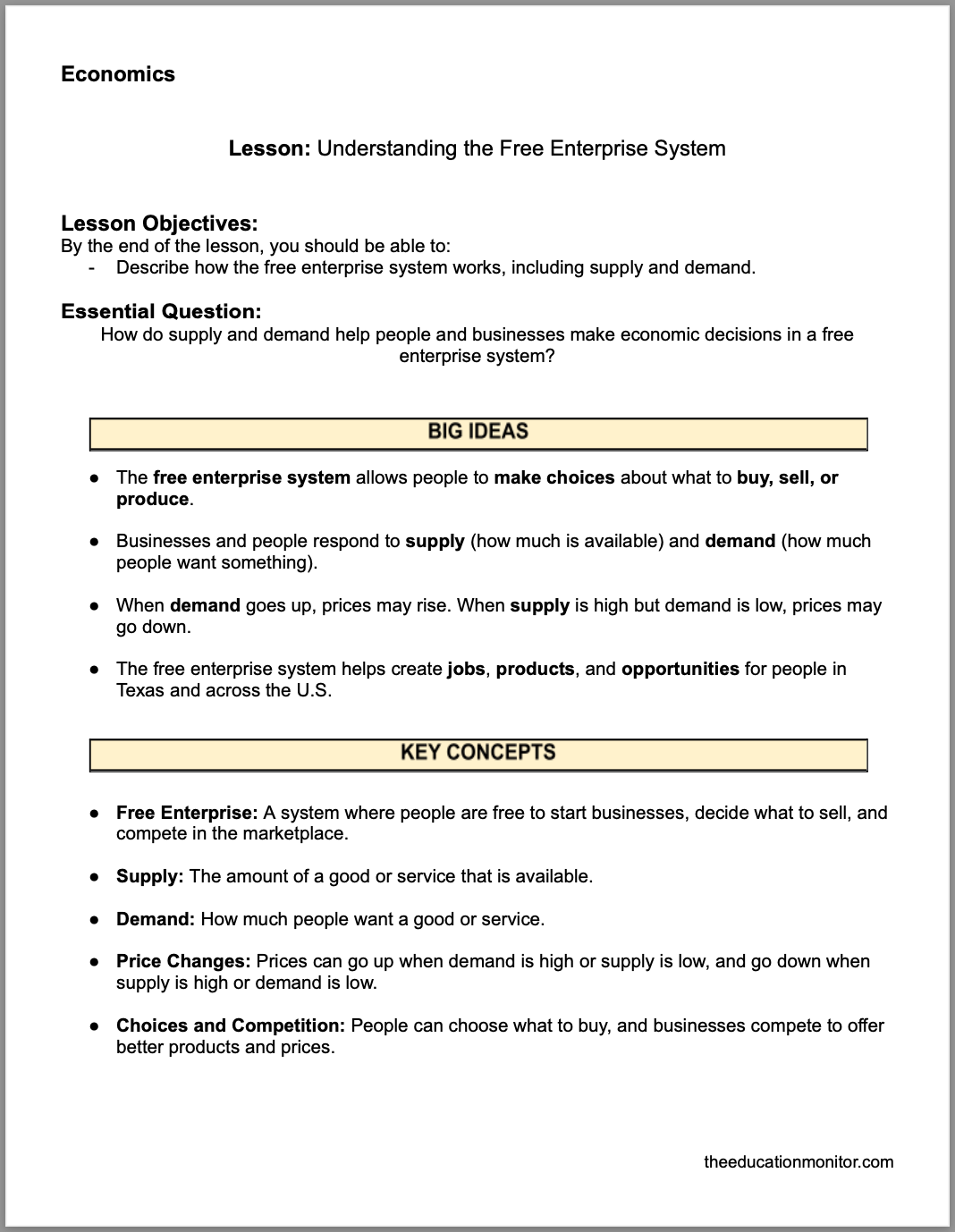 Understanding the Free Enterprise System 4th Grade Social Studies Packet