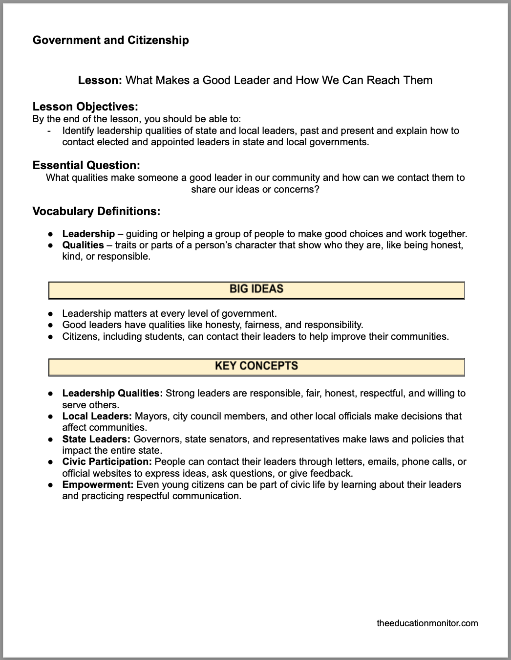 What Makes a Good Leader and How We Can Reach Them What Makes a Good Leader and How We Can Reach Them 4th Grade Social Studies Packet