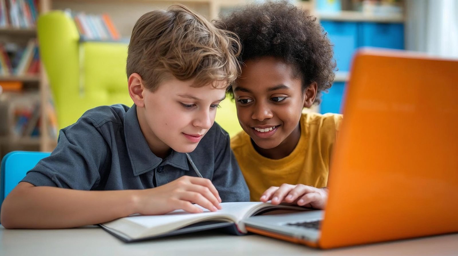 homeschooling grade 5 white boy reading using computer. homeschooling. brand color orange and blue
