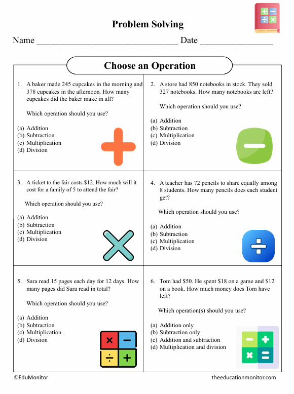 Choose an Operation Fifth Grade Math Worksheet