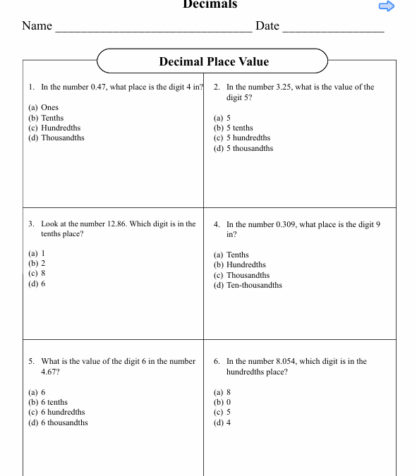 Decimal Place Value Fifth Grade Math Worksheet