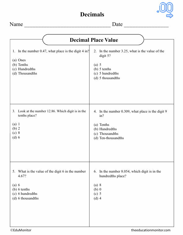 Decimal Place Value Fifth Grade Math Worksheet