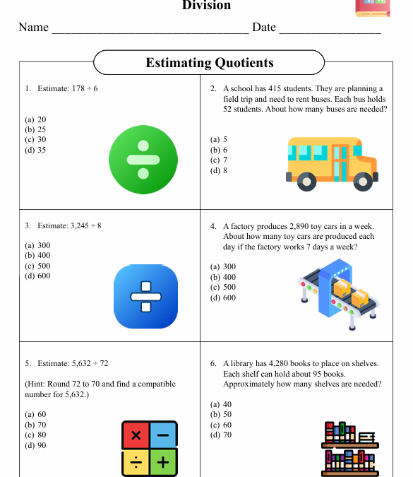Estimating Quotients Fifty Grade Math Worksheet