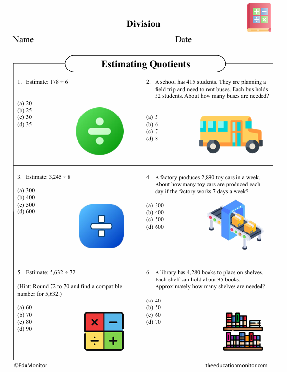 Estimating Quotients Fifty Grade Math Worksheet