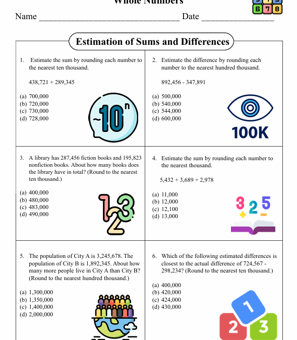 Estimation of Sums and Differences Fifth Grade Math Worksheet