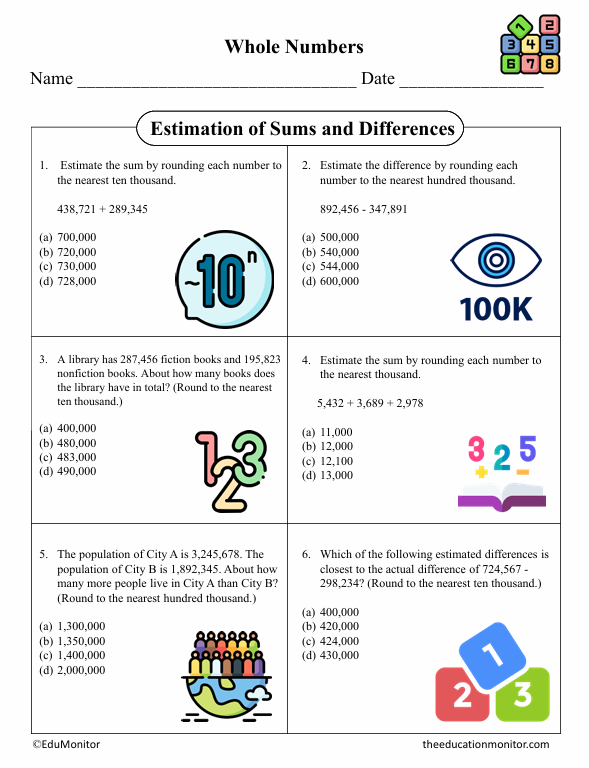 Estimation of Sums and Differences Fifty Grade Math Worksheet