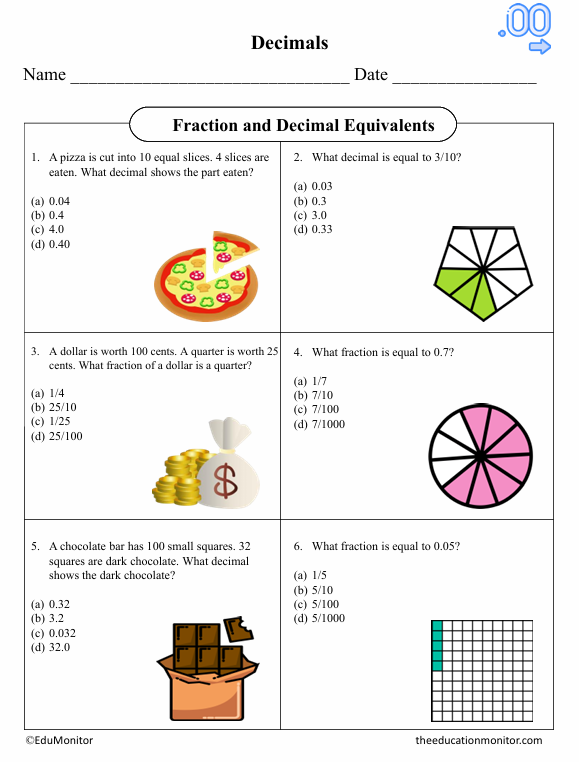 Fraction and Decimal Equivalents Fifth Grade Math Worksheet