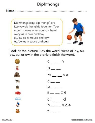 Diphthongs Worksheet for Second Grade